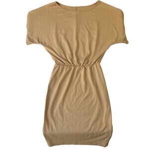SHEIN Women Midi Dress Size S Beige Bodycon Ruched Short Sleeve Pullover Stretch